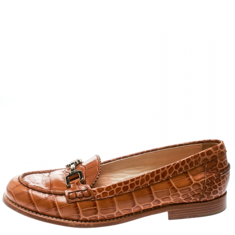 Pre Owned Tod's Brown Embossed Croc Leather Loafers Size 39