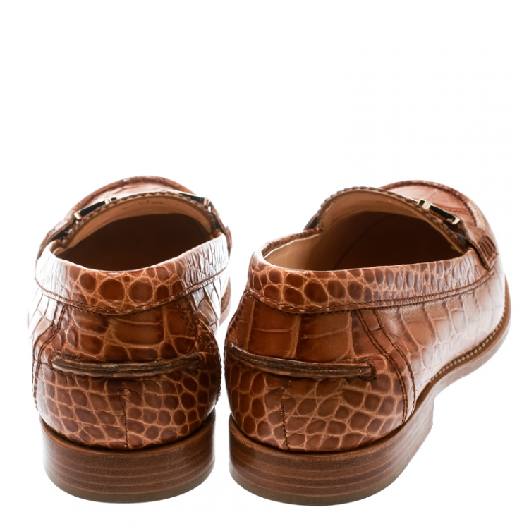 Pre Owned Tod's Brown Embossed Croc Leather Loafers Size 39