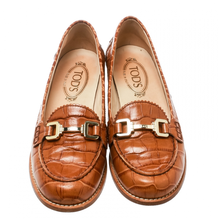 Pre Owned Tod's Brown Embossed Croc Leather Loafers Size 39