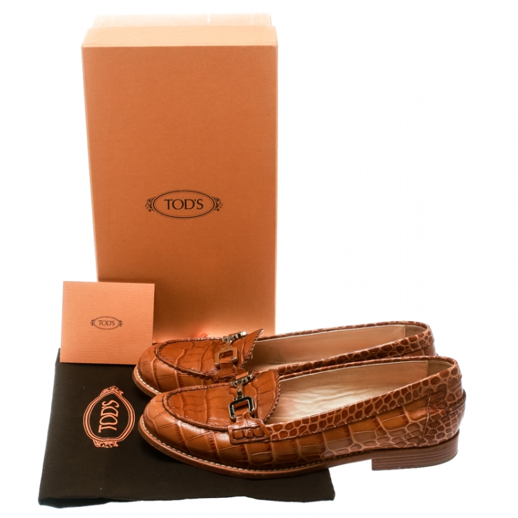 Pre Owned Tod's Brown Embossed Croc Leather Loafers Size 39