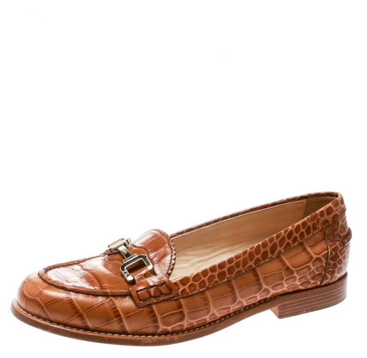 Pre Owned Tod's Brown Embossed Croc Leather Loafers Size 39