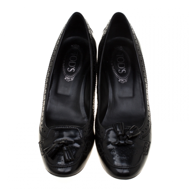 Pre Owned  Tod's Black Leather Tassel Detail Loafer Pumps Size 40