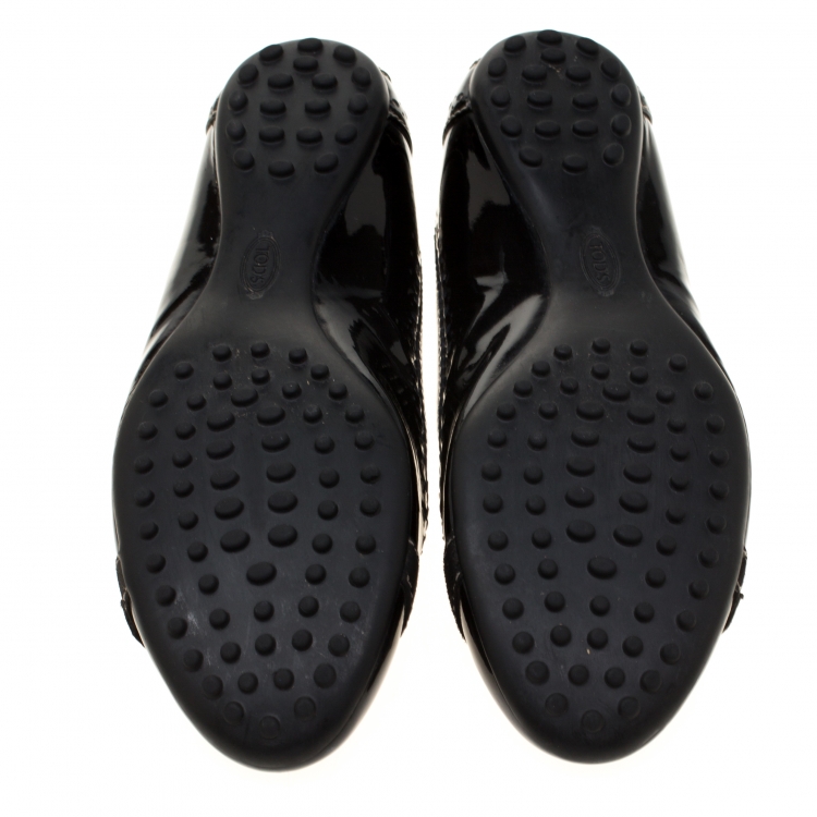 Pre Owned Tod's Black Patent Brogue Leather Suede Trim Ballet Flats Size 36.5