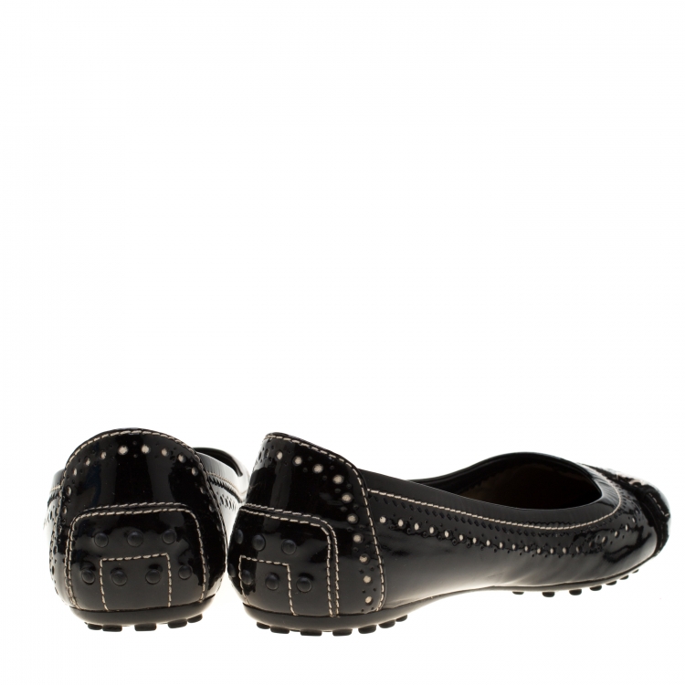 Pre Owned Tod's Black Patent Brogue Leather Suede Trim Ballet Flats Size 36.5