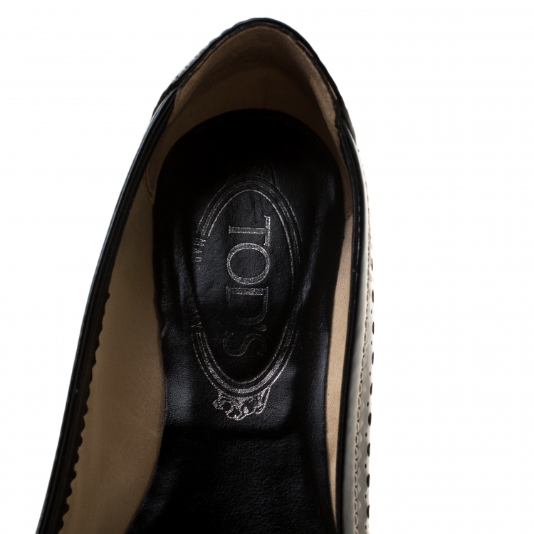 Pre Owned Tod's Black Patent Brogue Leather Suede Trim Ballet Flats Size 36.5
