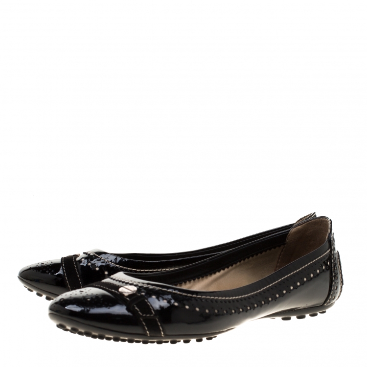 Pre Owned Tod's Black Patent Brogue Leather Suede Trim Ballet Flats Size 36.5