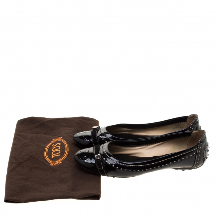 Pre Owned Tod's Black Patent Brogue Leather Suede Trim Ballet Flats Size 36.5