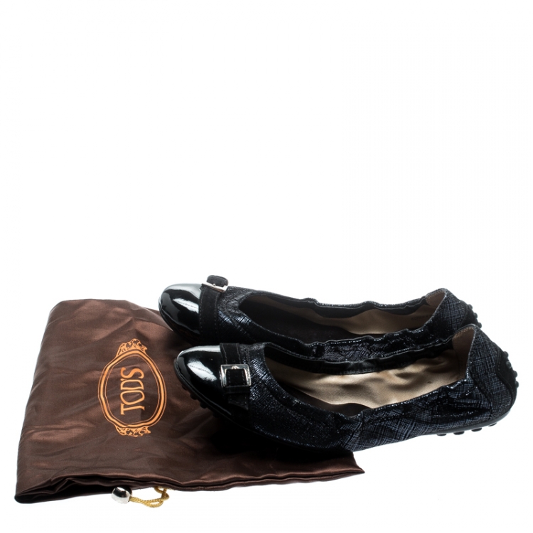 Pre Owned Tod's Metallic Blue Suede And Black Patent Leather Cap Toe Buckle Detail Ballet Flats Size 35.5
