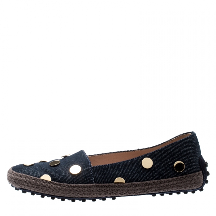 مملوكة مسبقًا Tod's Dark Wash Denim Studded Espadrille Flats Size 37