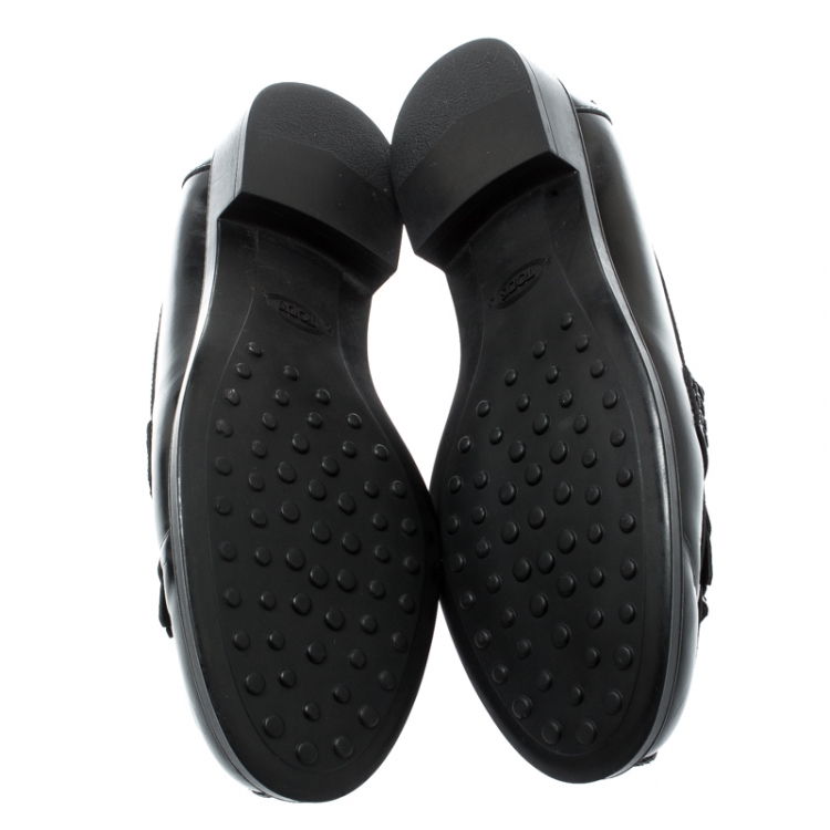 Pre Owned  Tod's Black Leather Tassel Fringe Detail Loafers Size 36.5
