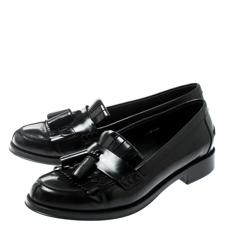 Pre Owned  Tod's Black Leather Tassel Fringe Detail Loafers Size 36.5
