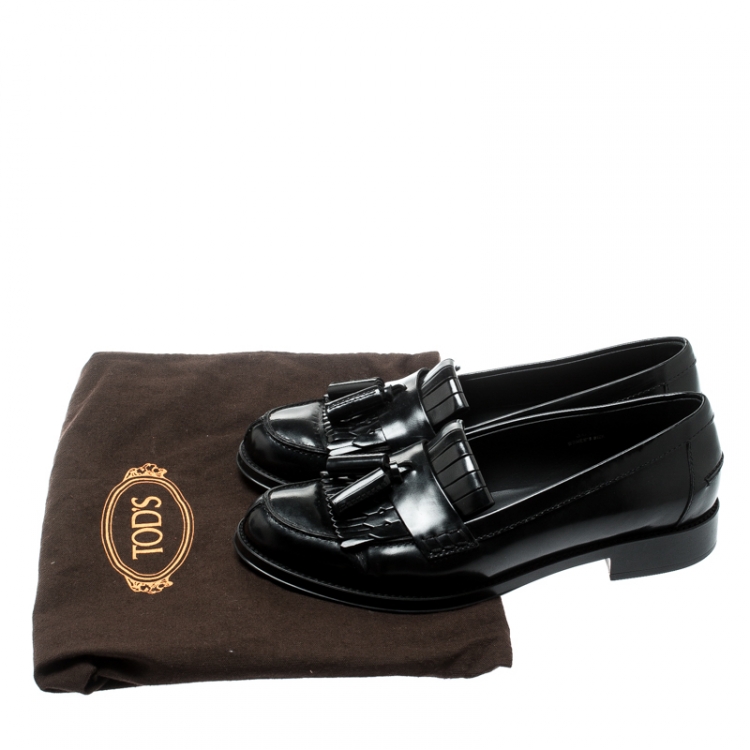 Pre Owned  Tod's Black Leather Tassel Fringe Detail Loafers Size 36.5