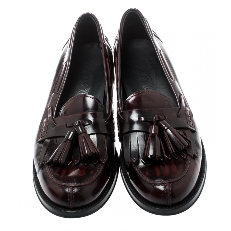 Pre Owned Tod's Maroon Leather Tassel Fringe Detail Loafers Size 36.5