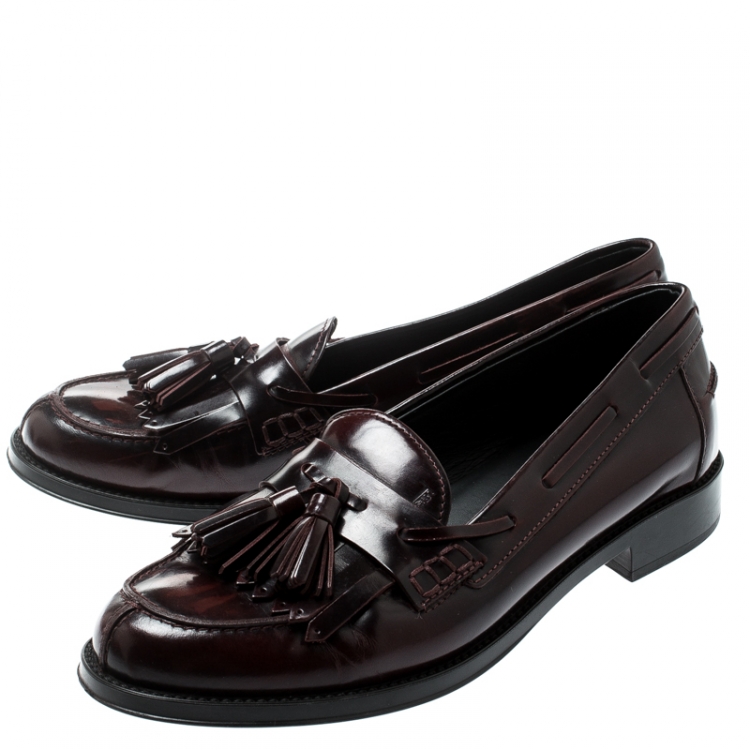 Pre Owned Tod's Maroon Leather Tassel Fringe Detail Loafers Size 36.5