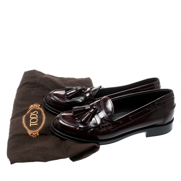 Pre Owned Tod's Maroon Leather Tassel Fringe Detail Loafers Size 36.5