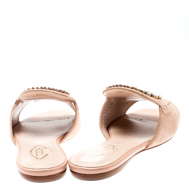 Pre Owned Tod's Limited Edition Pale Pink Suede Crystal Embellished Peep Toe Flat Slides Size 37.5