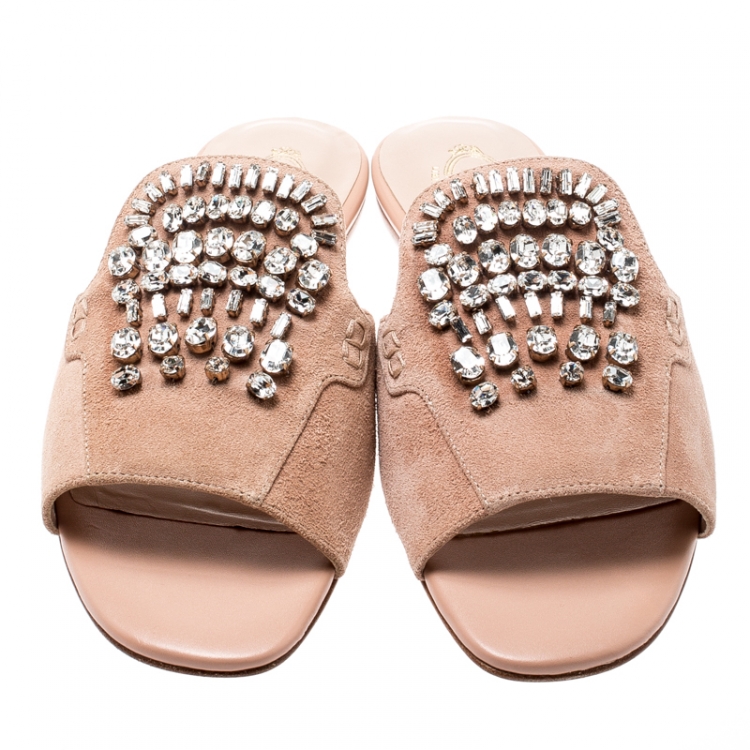 Pre Owned Tod's Limited Edition Pale Pink Suede Crystal Embellished Peep Toe Flat Slides Size 37.5