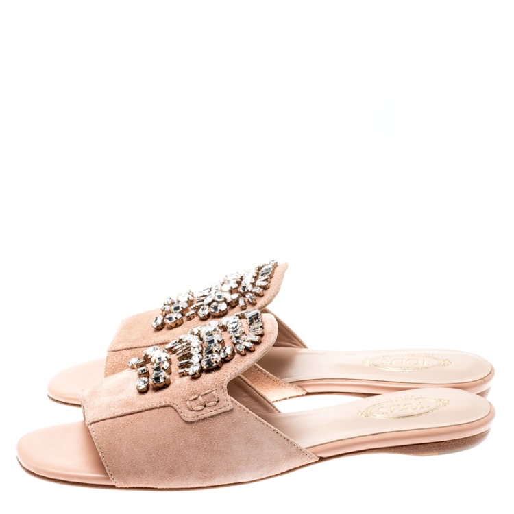 Pre Owned Tod's Limited Edition Pale Pink Suede Crystal Embellished Peep Toe Flat Slides Size 37.5