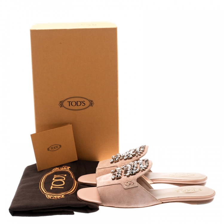Pre Owned Tod's Limited Edition Pale Pink Suede Crystal Embellished Peep Toe Flat Slides Size 37.5