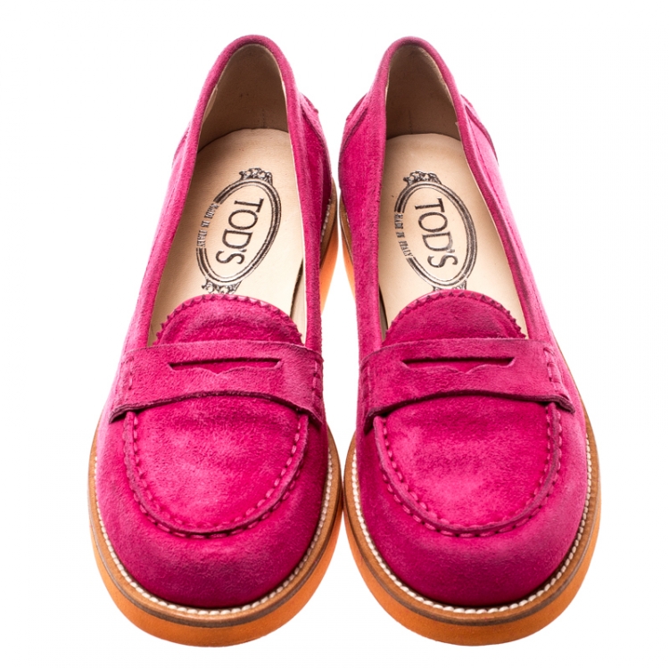 Pre Owned Tod's Fuchsia Pink Suede Penny Loafers Size 37.5