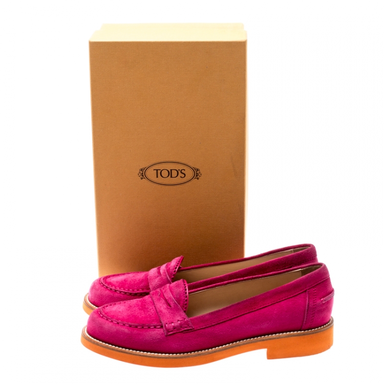 Pre Owned Tod's Fuchsia Pink Suede Penny Loafers Size 37.5
