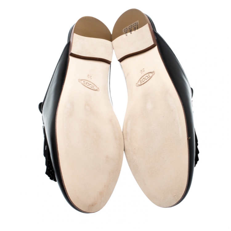 Pre Owned Tod's Black Leather Double T Studded Fringe Flat Mules Size 39