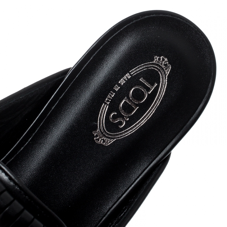 Pre Owned Tod's Black Leather Double T Studded Fringe Flat Mules Size 39
