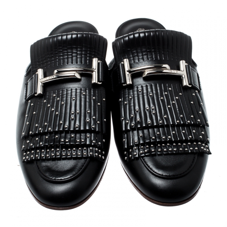 Pre Owned Tod's Black Leather Double T Studded Fringe Flat Mules Size 39