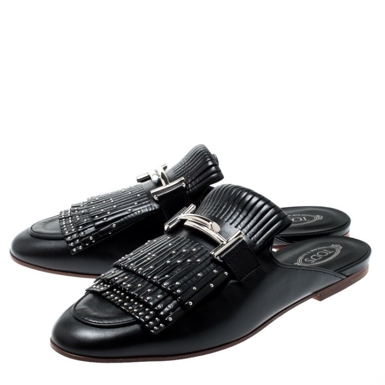 Pre Owned Tod's Black Leather Double T Studded Fringe Flat Mules Size 39