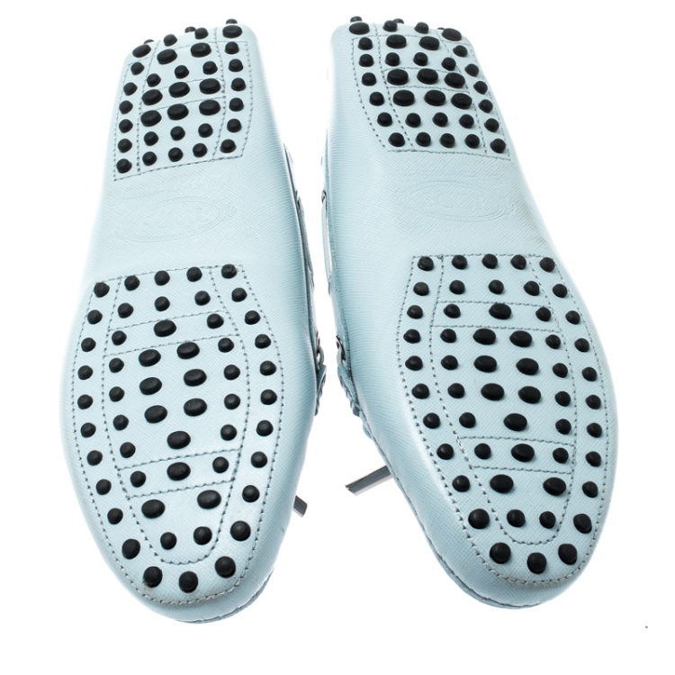 Pre Owned Tod’s Powder Blue Leather Bow Loafers Size 39.5