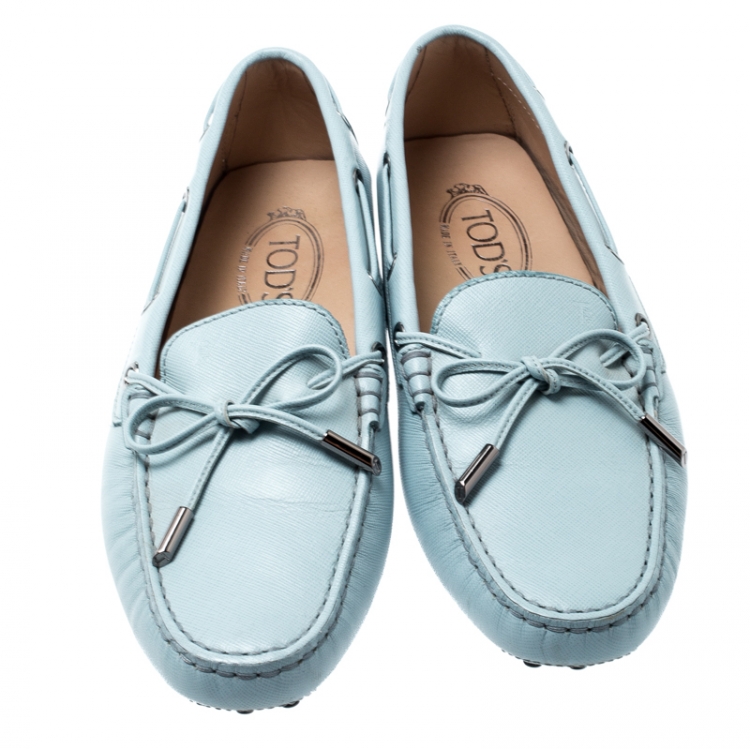 Pre Owned Tod’s Powder Blue Leather Bow Loafers Size 39.5