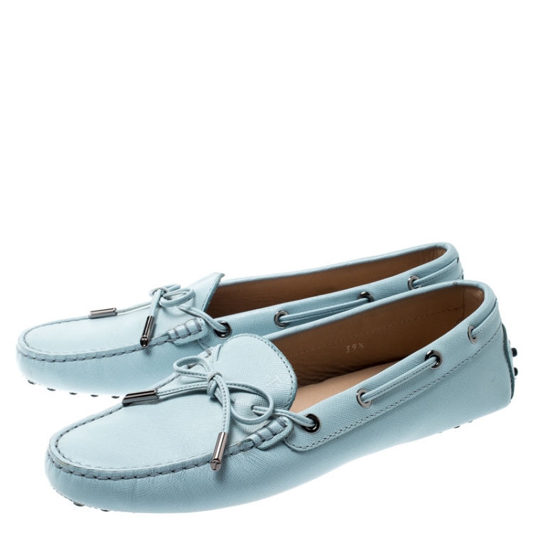 Pre Owned Tod’s Powder Blue Leather Bow Loafers Size 39.5