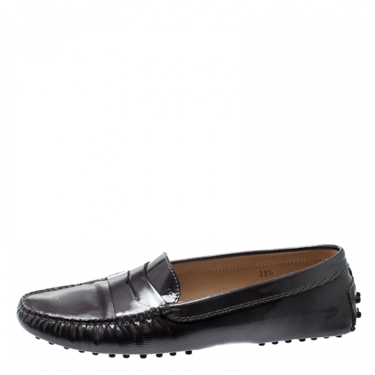 Pre Owned Tod’s Grey/Black Textured Patent Leather Penny Loafers Size 39.5