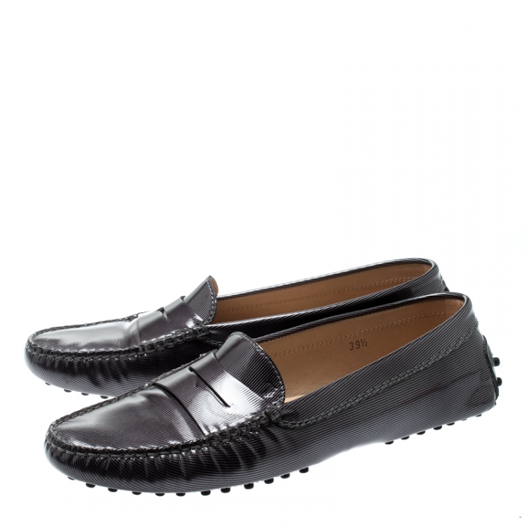 Pre Owned Tod’s Grey/Black Textured Patent Leather Penny Loafers Size 39.5