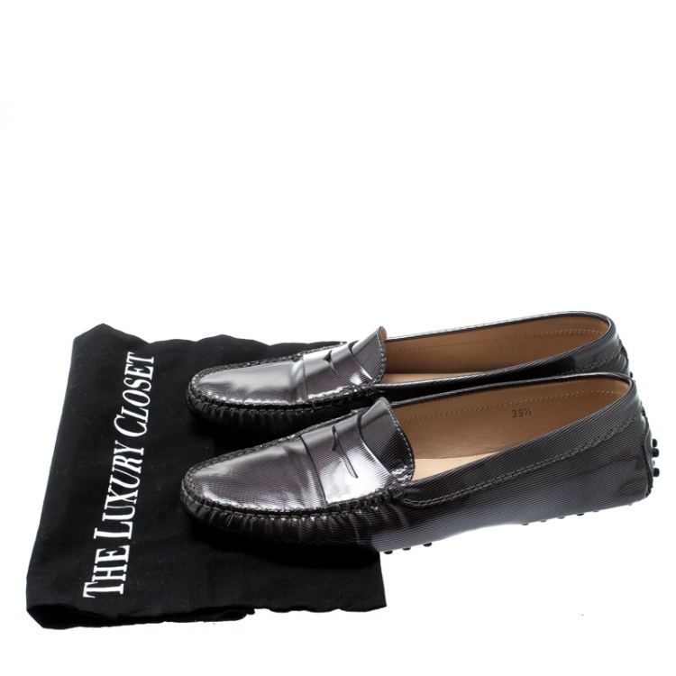 Pre Owned Tod’s Grey/Black Textured Patent Leather Penny Loafers Size 39.5