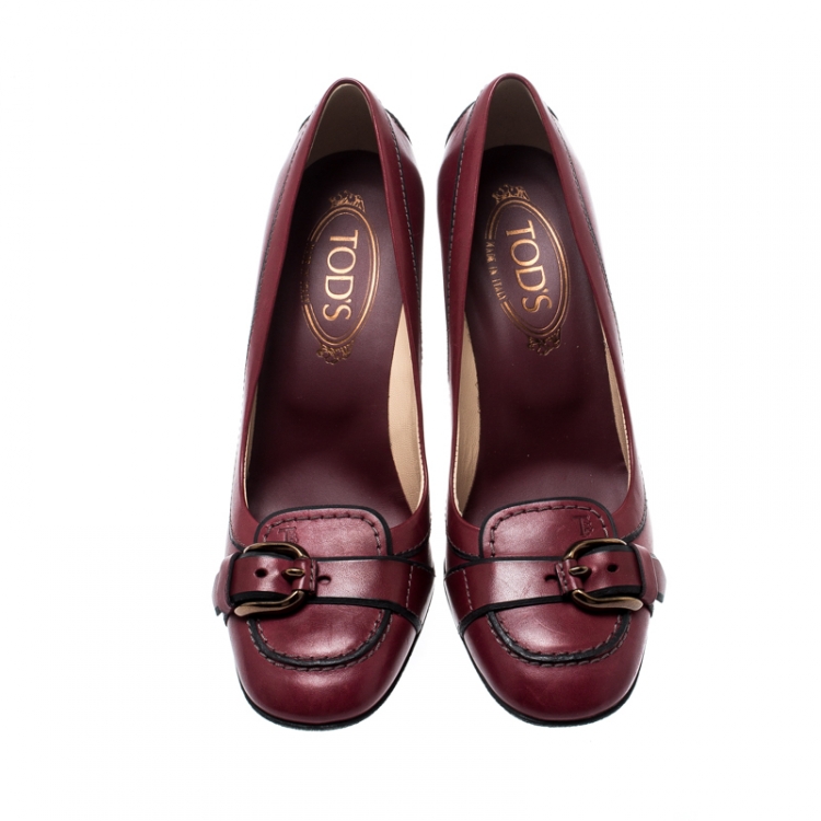 Pre Owned Tod's Burgundy Leather Buckled Loafer Pumps Size 37.5