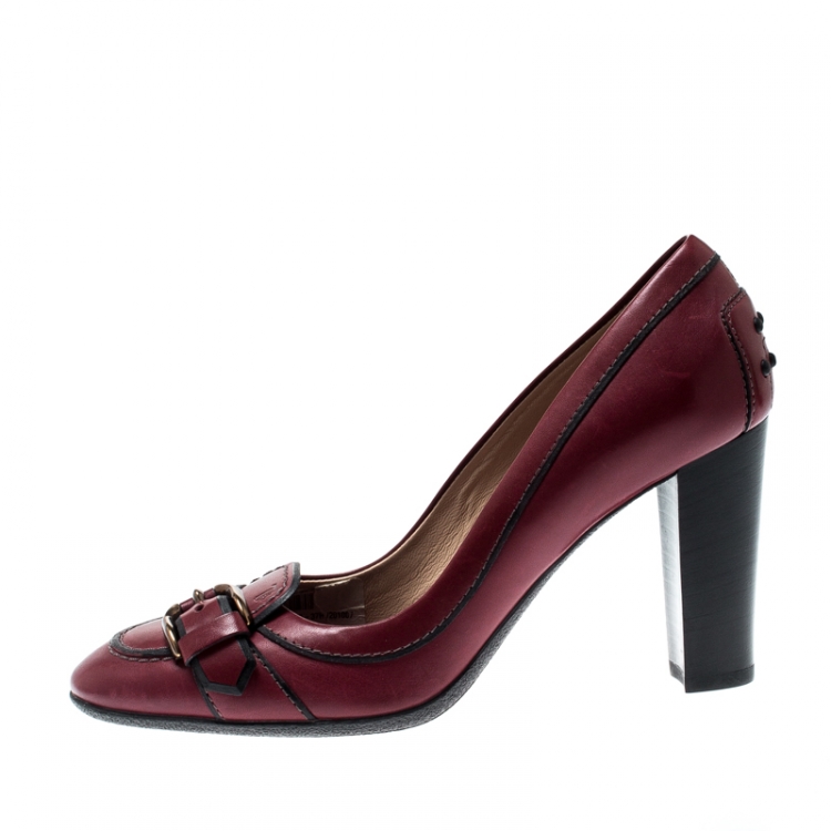 Pre Owned Tod's Burgundy Leather Buckled Loafer Pumps Size 37.5