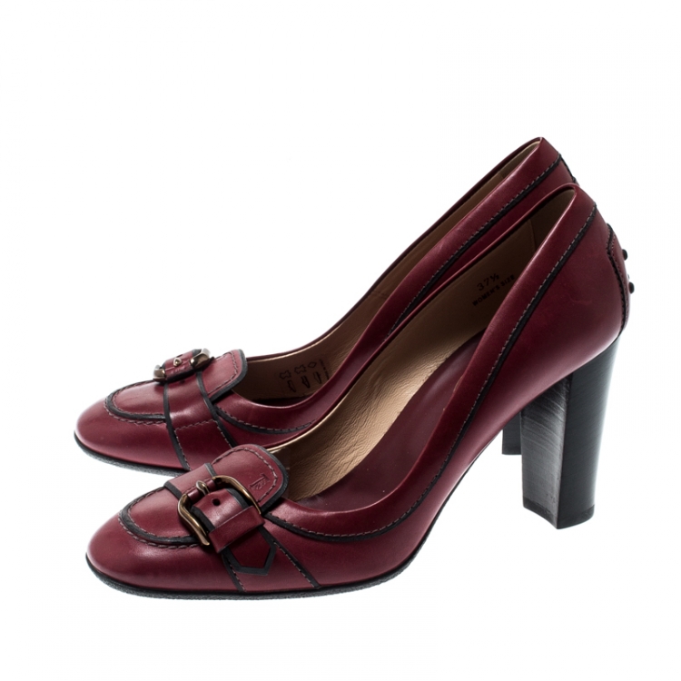 Pre Owned Tod's Burgundy Leather Buckled Loafer Pumps Size 37.5