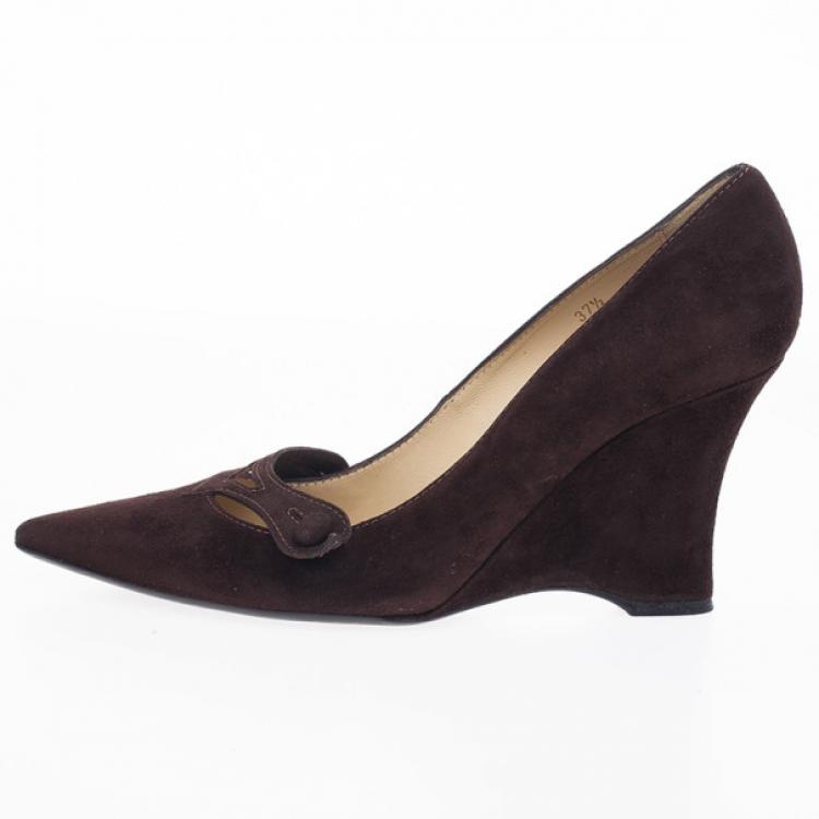 Pre Owned Tod's Brown Suede Pointed Toe Wedge Pumps Size 37.5
