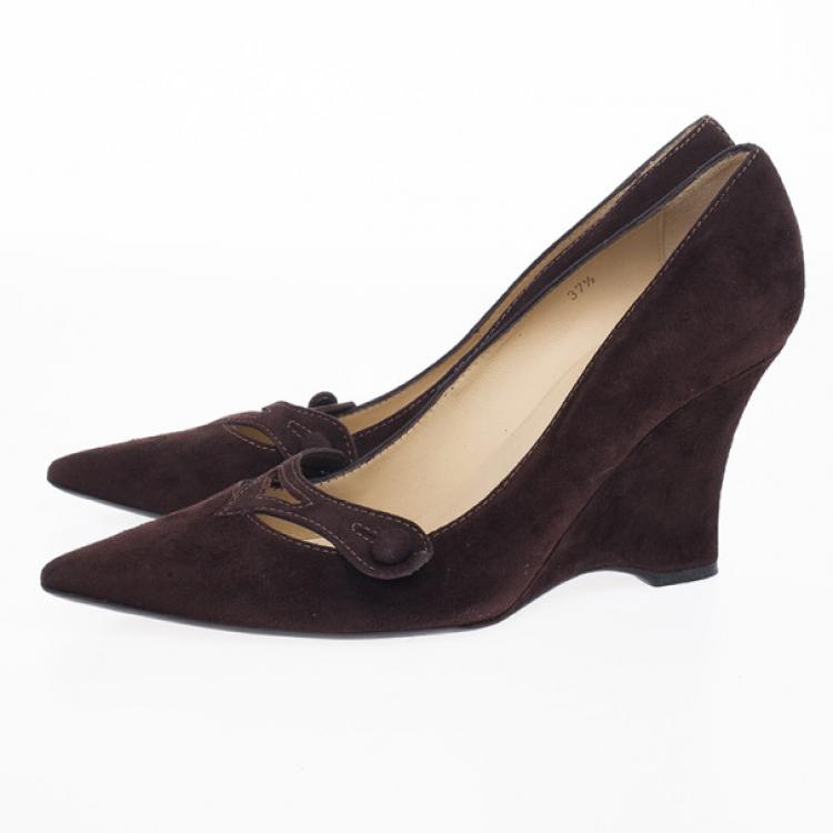 Pre Owned Tod's Brown Suede Pointed Toe Wedge Pumps Size 37.5
