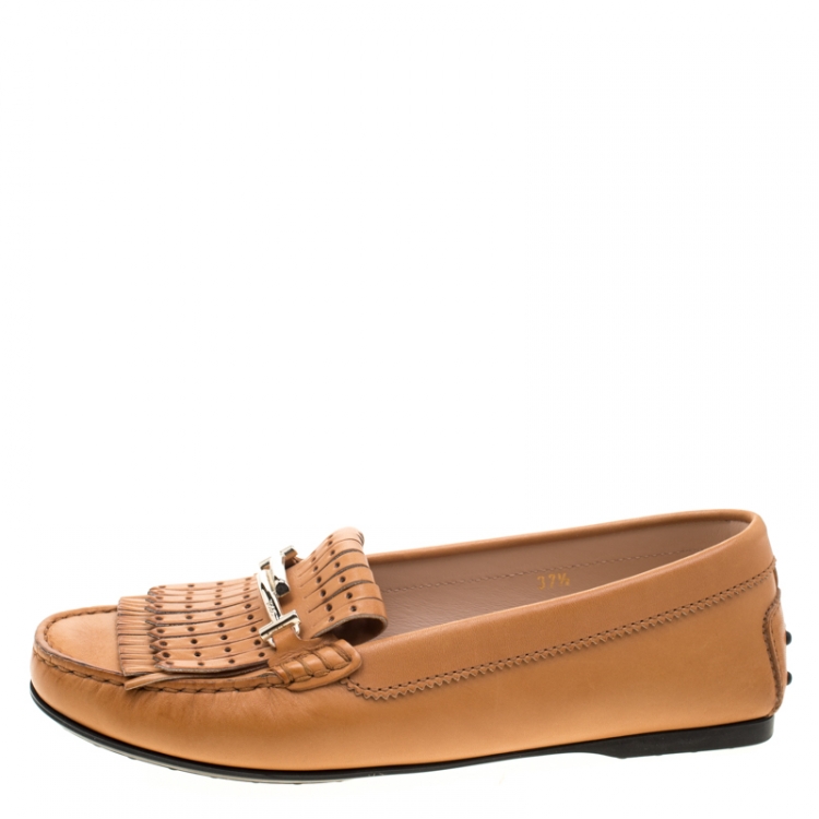 Pre Owned Tod's Brown Leather Gommino Fringe Double T Loafers Size 37.5
