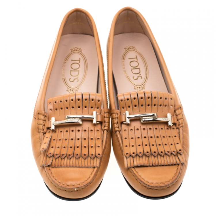 Pre Owned Tod's Brown Leather Gommino Fringe Double T Loafers Size 37.5