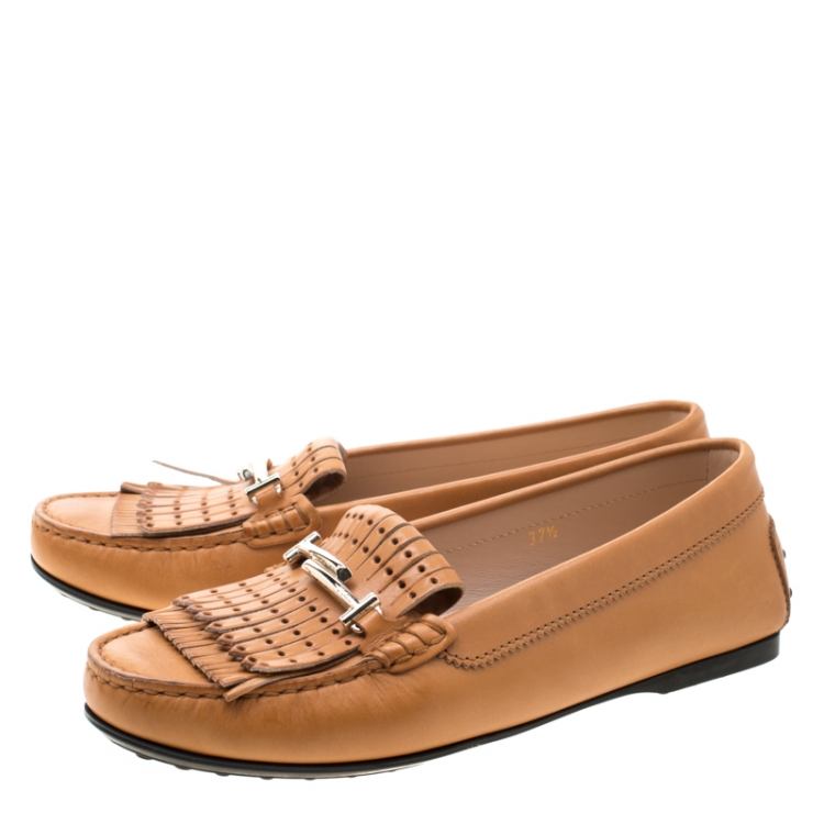 Pre Owned Tod's Brown Leather Gommino Fringe Double T Loafers Size 37.5