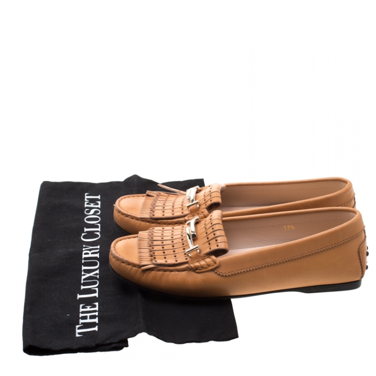 Pre Owned Tod's Brown Leather Gommino Fringe Double T Loafers Size 37.5
