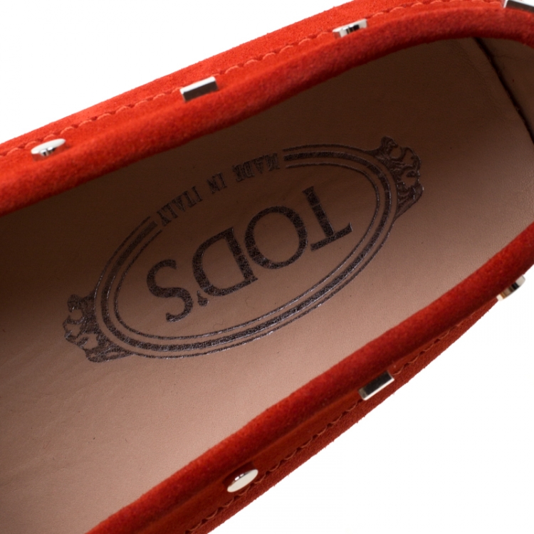 Pre Owned Tod's Dark Orange Suede Studded Loafers Size 38