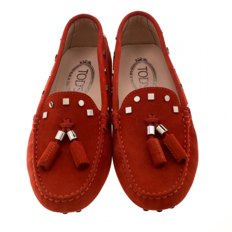 Pre Owned Tod's Dark Orange Suede Studded Loafers Size 38