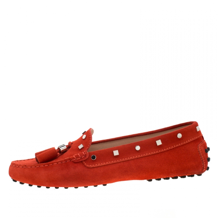 Pre Owned Tod's Dark Orange Suede Studded Loafers Size 38