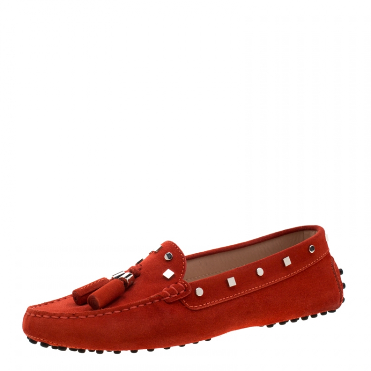 Pre Owned Tod's Dark Orange Suede Studded Loafers Size 38