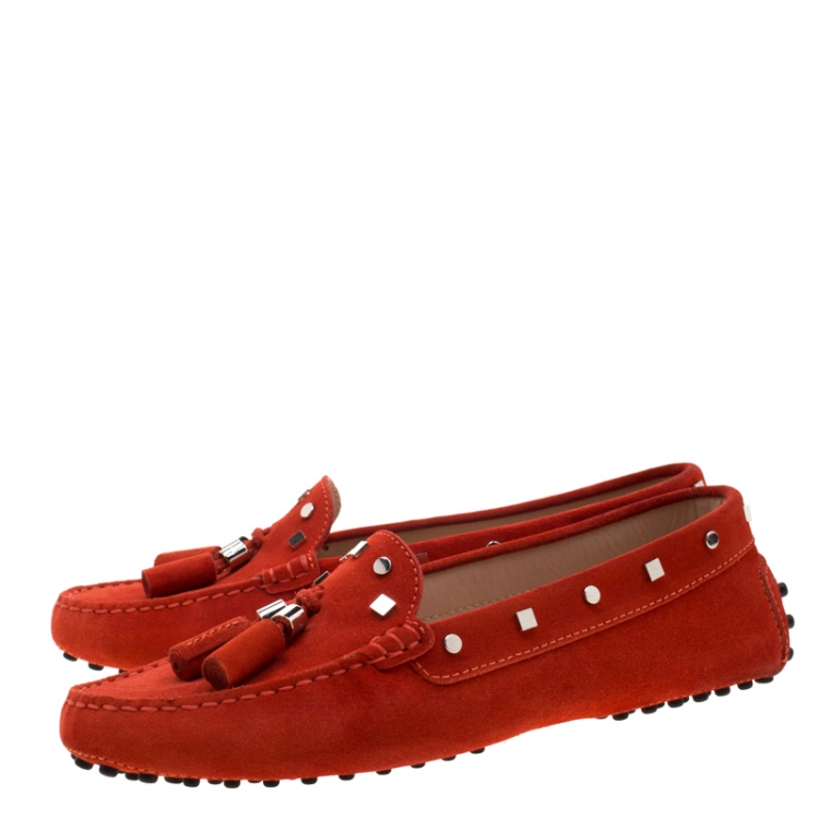 Pre Owned Tod's Dark Orange Suede Studded Loafers Size 38