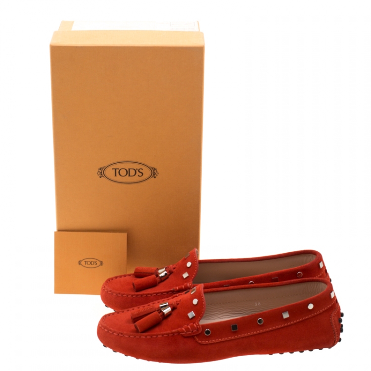 Pre Owned Tod's Dark Orange Suede Studded Loafers Size 38